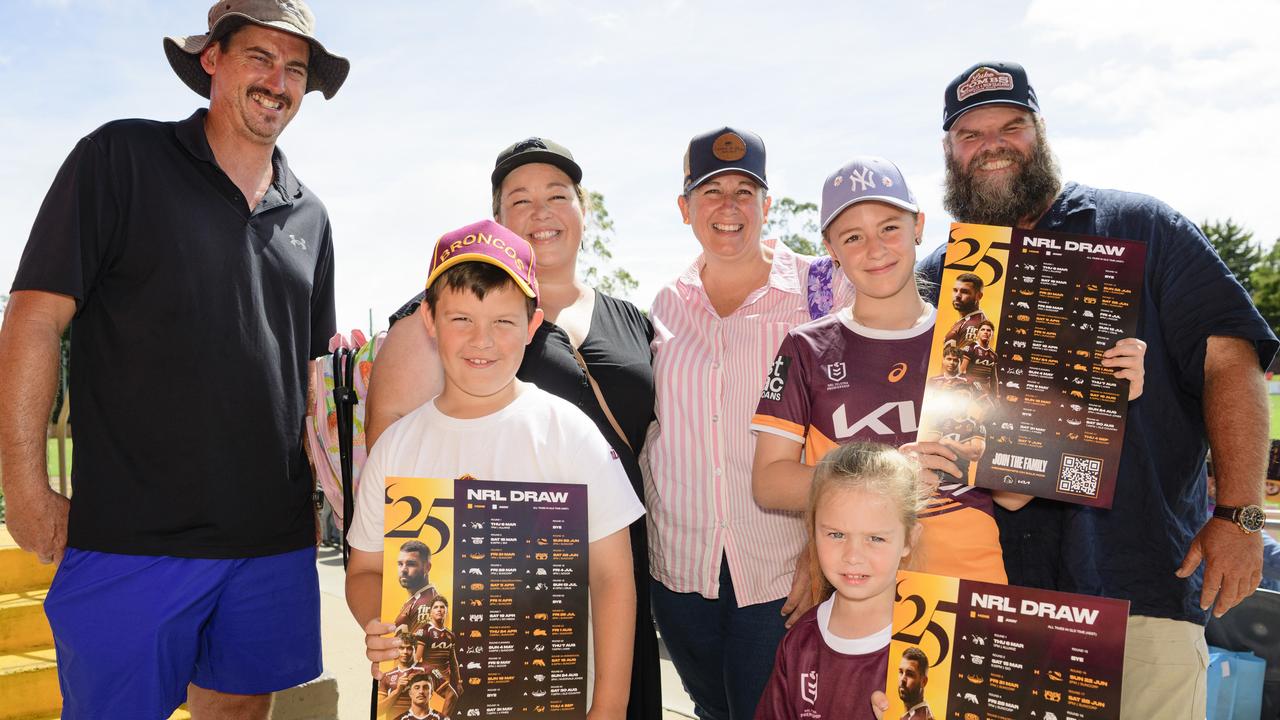 At the Brisbane Broncos Captain's Run and Toowoomba Fan Day are (from left) Josh Vanzandbergen, Harry Williams, Sarah Williams, Kathy Williams, Georgina Williams, Evie Williams (front) and Jim Williams at Toowoomba Sports Ground, Saturday, February 15, 2025. Picture: Kevin Farmer