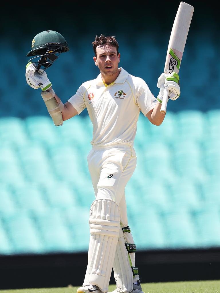 Harry Nielsen celebrates his century during India v CA XI tour match. Picture. Phil Hillyard