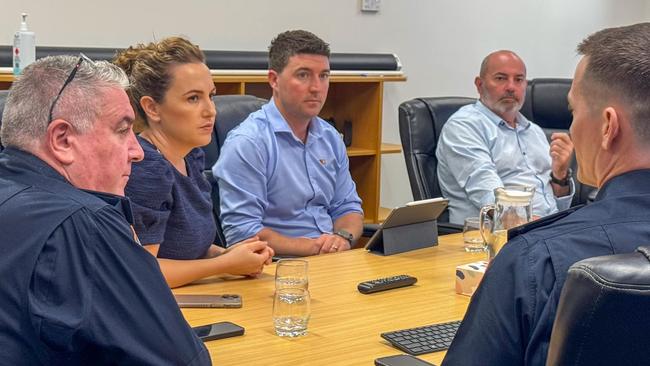 Chief Minister Lia Finocchiaro, Braitling MLA Josh Burgoyne, and Namatjira MLA Bill Yan meeting with NT Police Commissioner Michael Murphy and other top brass in Alice Springs on Thursday, December 12, 2024. Picture: Supplied.