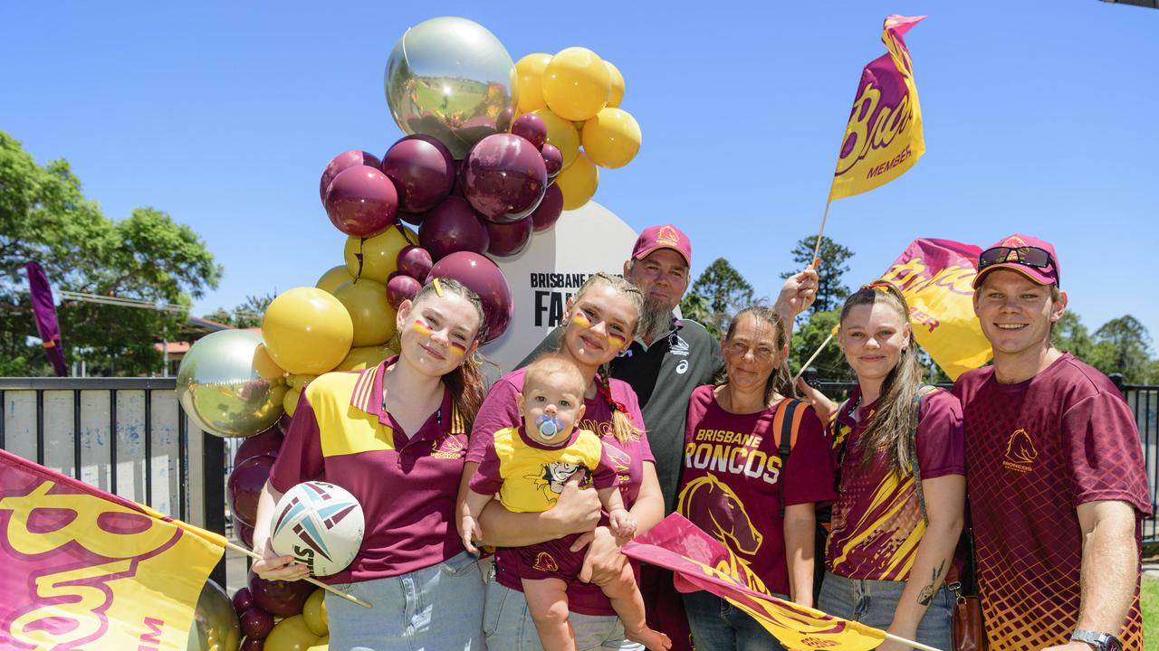 Flying the Broncos colours are (from left) Lilly White, Hayley Hetherington holding Hudson White, John White, Cherie White, Karni-Rie White and Javis White at the NRL Pre-Season Challenge game between Broncos and Titans at Toowoomba Sports Ground, Sunday, February 16, 2025. Picture: Kevin Farmer