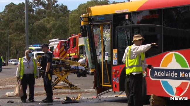 Emergency crews rescuing passengers after two buses collided near the Paradise Interchange earlier this month. Pictures: 7News