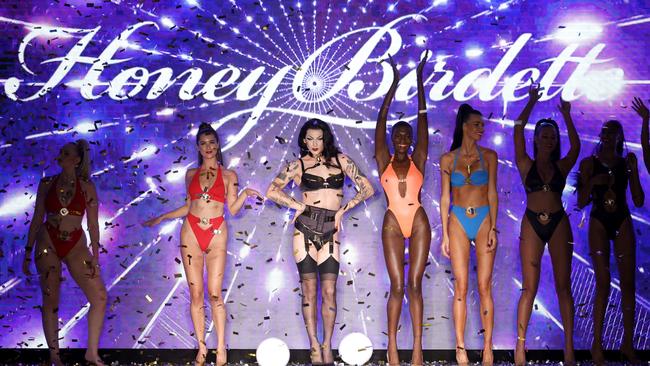 Violet Chachki (C) and models walk the runway for Honey Birdette at Miami Swim Week. Photo: Frazer Harrison/Getty Images for Honey Birdette