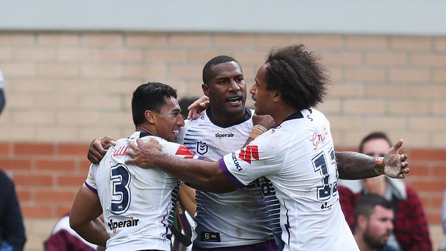 Melbourne's Suliasi Vunivalu scores a try during the Manly Sea Eagles v Melbourne Storm NRL match at Lottoland, Brookvale. Picture: Brett Costello