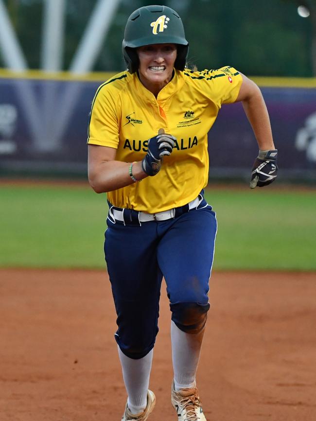 Bears player Chelsea Forkin running toward base for Australia. credit WBSC