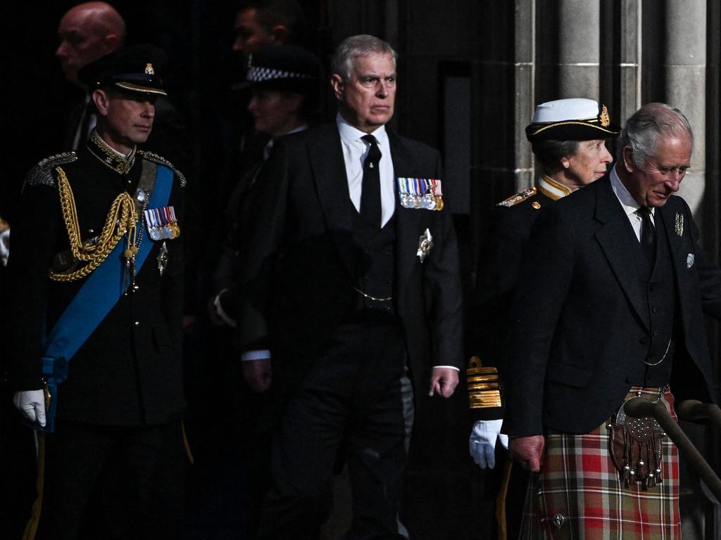 King Charles III (R), followed by (from 2nd R) Princess Anne, Princess Royal, Prince Andrew, Duke of York, and Britain's Prince Edward, Earl of Wessex, leaves at the end of a Vigil at St Giles' Cathedral, in Edinburgh. Picture: AFP