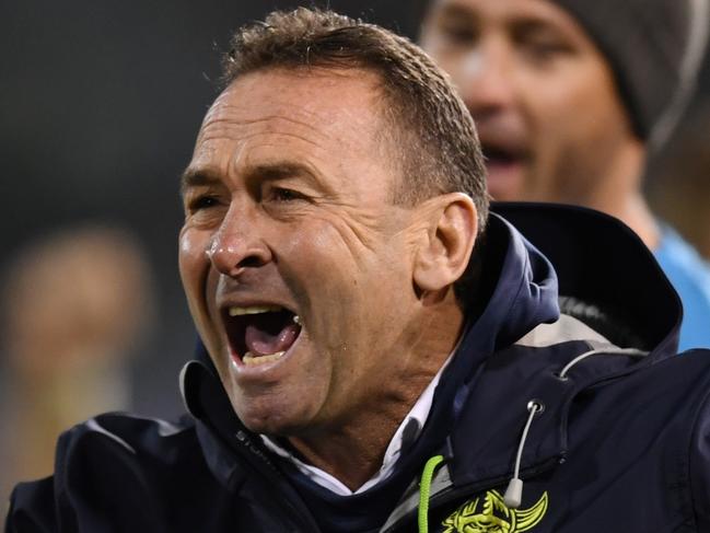 Raiders Coach Ricky Stuart celebrates after a try during the Round 12 NRL match between the Canberra Raiders and the Manly-Warringah Sea Eagles at GIO Stadium in Canberra, Friday, May 25, 2018. (AAP Image/Lukas Coch) NO ARCHIVING, EDITORIAL USE ONLY