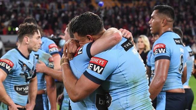 The Blues celebrate winning game two of the 2021 State of Origin at Suncorp Stadium in Brisbane. Picture: Getty Images