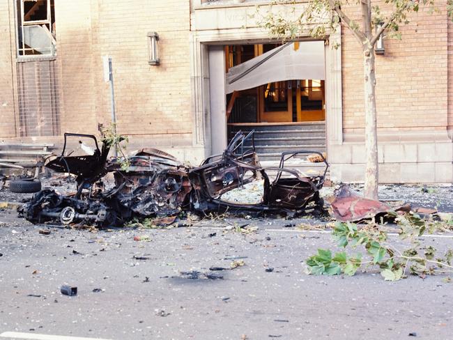 The obliterated bomb car used in the Russell St attack. Picture: Victoria Police Museum collection.