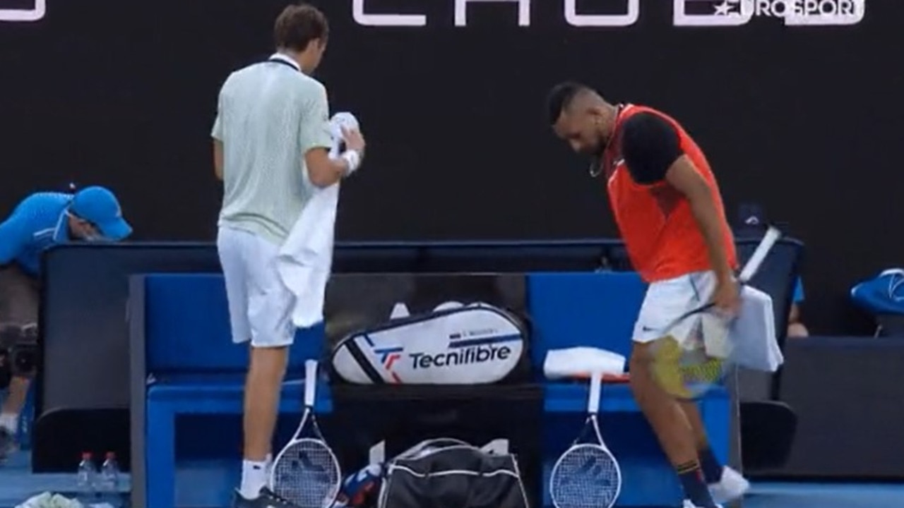 Kyrgios was captured stealing a towel from Medvedev in the second set. Picture: Twitter