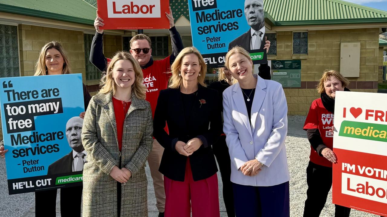 Labor's Heidi Heck, Rebecca White and Julie Collins at Bridgewater on Friday, May 2, 2025.