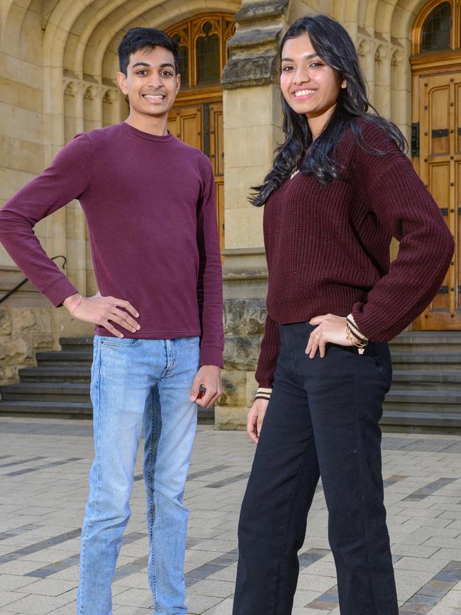 International students Ansh Birani and Shivani Bura from India study at the University of Adelaide. Picture: Brenton Edwards