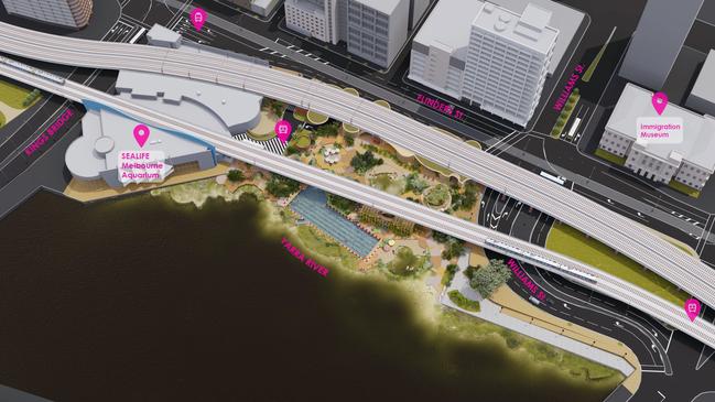 Design concept to build a 50m pool, wetlands and cafe by the Yarra at Enterprize Park released by Melbourne architects Wowowa and Yarra Pools. Pic: Wowowa