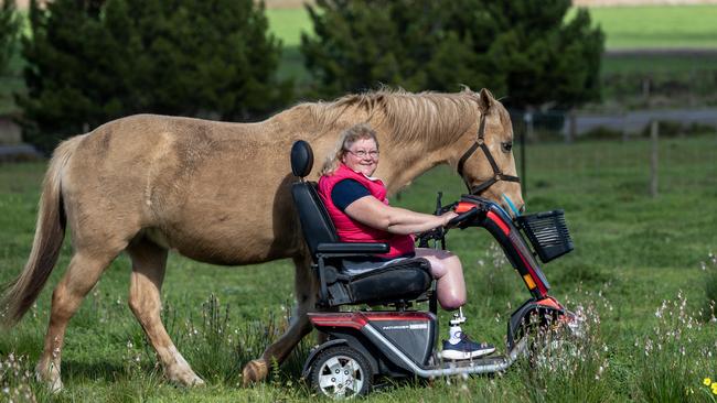 Kerrie McDonald developed a flesh-eating bacterial infection and now aims to live a fulfilling life despite losing her legs. She is pictured on her property in Wellington with her horse Bella and dog Oakley. Picture: Naomi Jellicoe