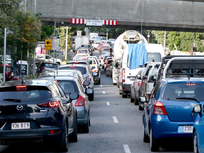 Traffic backs on Peel St, up as the GoBetween bridge is closed, Tuesday 2nd March 2022 - Photo Steve Pohlner