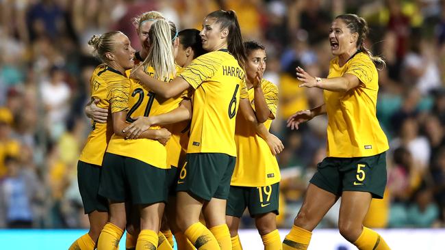 Matildas players celebrate Hayley Raso’s second half goal. Picture: Getty Images 