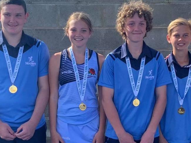 GOLD MEDAL: Northern Star Hockey Club players Connor Makings, Hollie Matthews, James Coleman and Kalani Franklin, helped their NSW U15 Boys and Girls teams sweep all before them to win at the recent Australian Hockey Championships in Bathurst in April 2021.