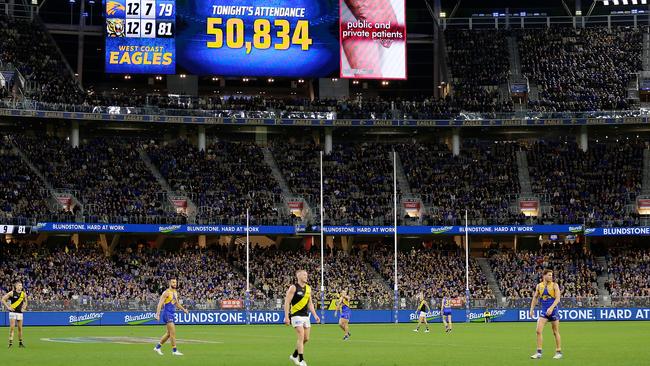 There’ll be no crowd at Optus Stadium this afternoon. (Photo by Will Russell/AFL Photos via Getty Images)