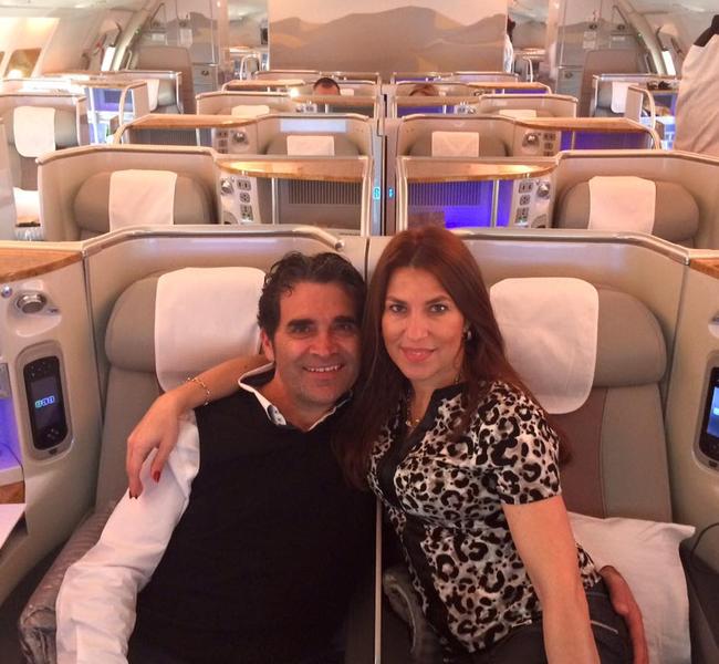 Tony Iervasi and Nina Girsa travelling first class to New Zealand in August 2016. Source: Facebook