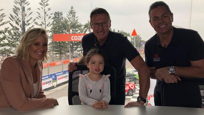 Fox Sports commentators Jess Yates, Mark Skaife and Craig Lowndes with Grayce Musgrave in the commentary box. Picture: Robbie Patterson