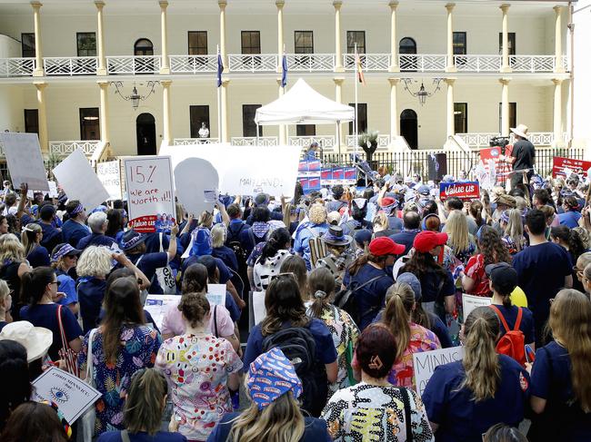 Nurses and midwives gather outside NSW Parliament to demand better pay and conditions. Picture: NewsWire / John Appleyard