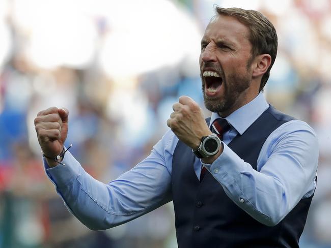 England head coach Gareth Southgate celebrates his team's 6-1 victory. Pic: AP