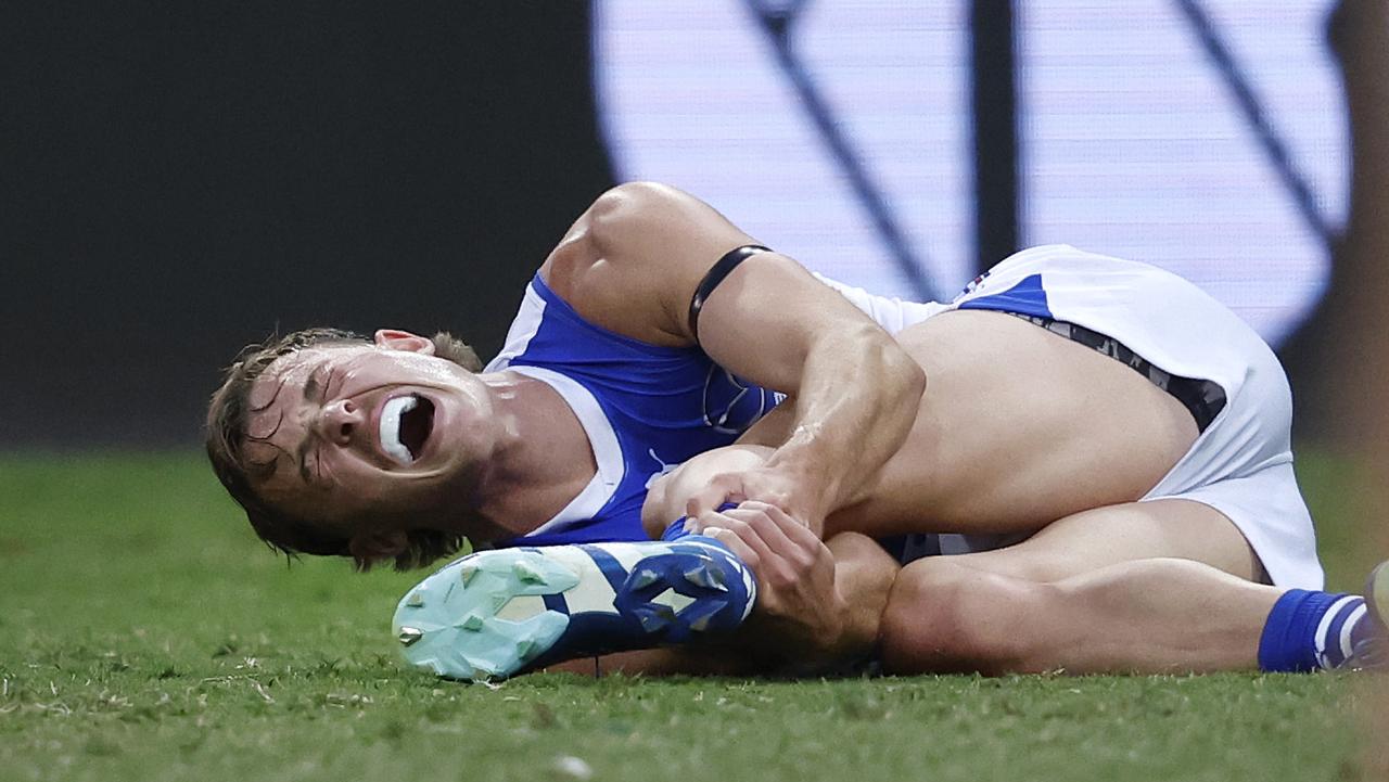 North Melbourne’s Josh Goater ruptured his Achilles. Photo: Phil Hillyard.