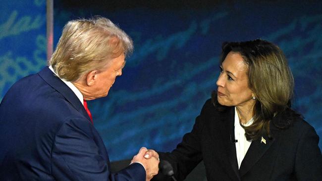 Vice-President and Democratic presidential candidate Kamala Harris shakes hands with former president and Republican presidential candidate Donald Trump before their first debate. Picture: AFP