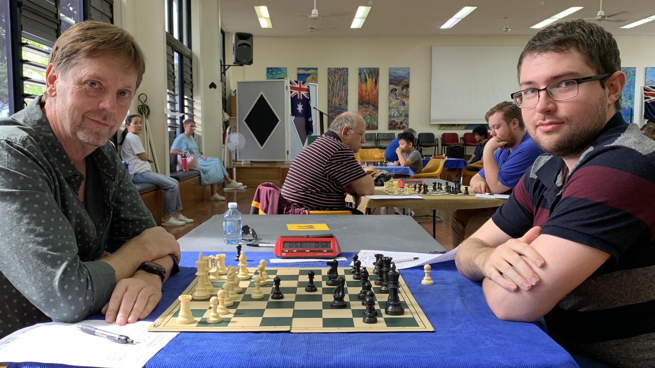 John Avramovic (left) and Owen Price at the Mackay Chess Open on May 14. Picture: Duncan Evans
