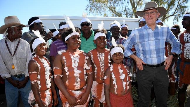 Malcolm Turnbull meets a dance troupe at Tennant Creek yesterday. Picture: AAP