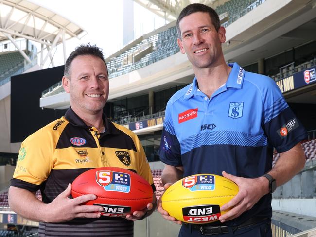 Glenelg coach Darren Reeves and Sturt coach Martin Mattner at the 2023 Grand Final press conference at Adelaide Oval in Adelaide, Tuesday, September 19, 2023. (SANFL Image/David Mariuz)