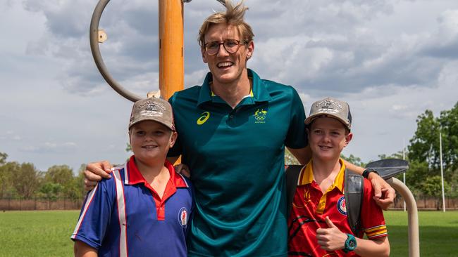 Bruno Niceforo, Mack Horton and Lawson Fletcher as the Olympians visit Katherine High School as part of the Olympics Unleashed program. Picture: Pema Tamang Pakhrin