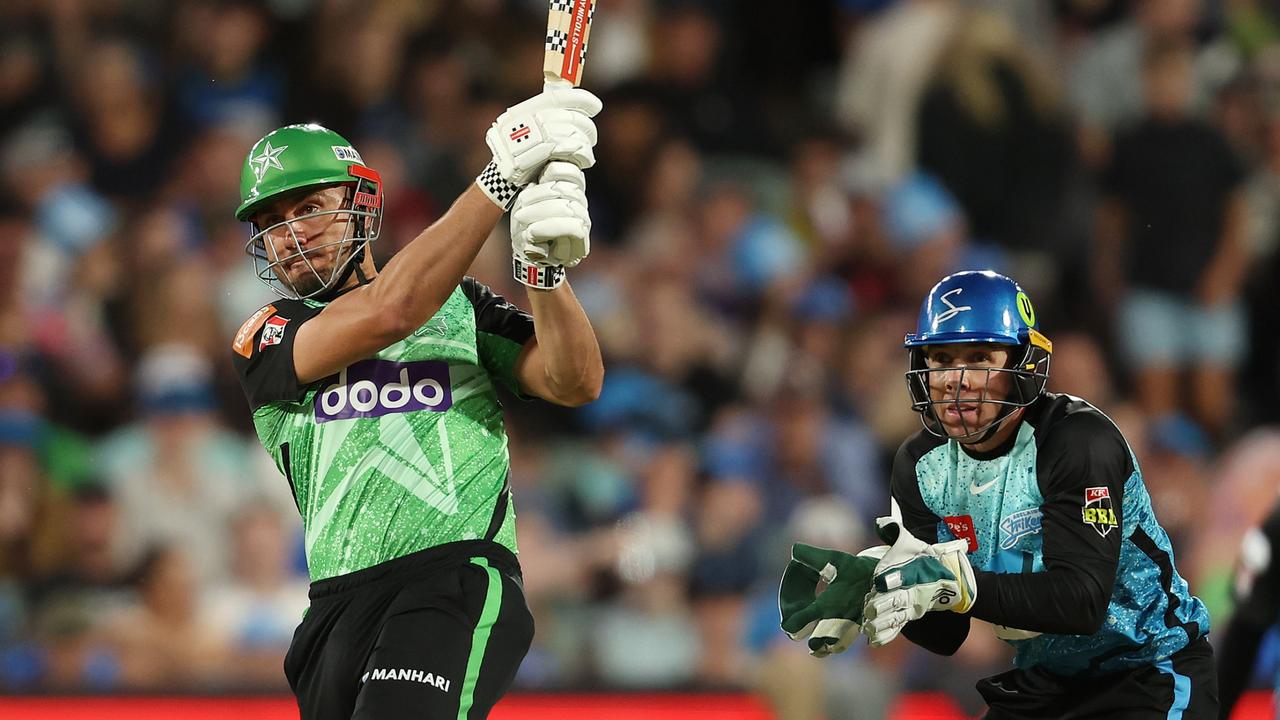 ADELAIDE, AUSTRALIA - DECEMBER 31: Marcus Stoinis of the Stars hits 6 runs during the BBL match between Adelaide Strikers and Melbourne Stars at Adelaide Oval, on December 31, 2023, in Adelaide, Australia. (Photo by Sarah Reed/Getty Images)