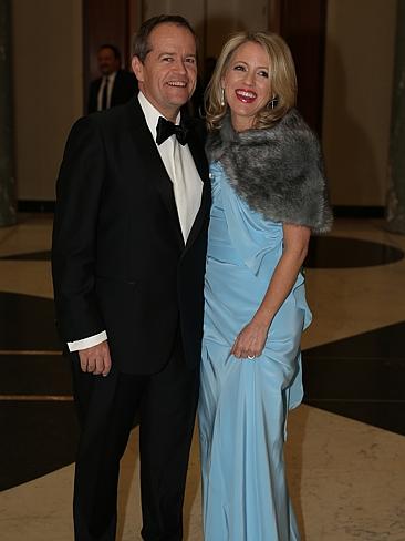 The Opposition Leader Bill Shorten and his wife Chloe, who wore a dress from Victorian designer Lucy Laurita, arrive for the Mid Winter Ball. Pic by Gary Ramage