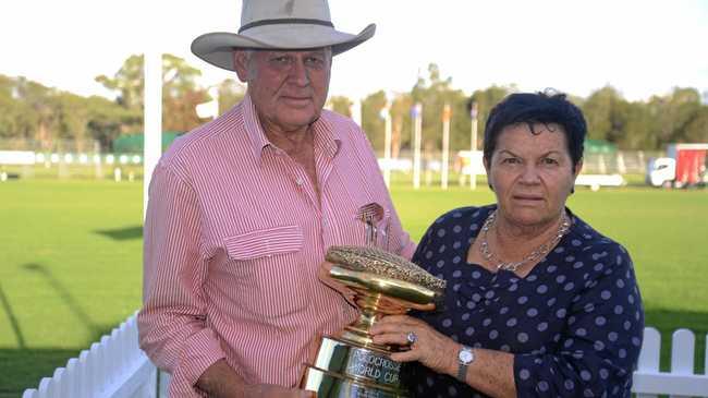 Warwick Polocrosse Club president Les Fraser and treasurer Robyn Fraser with the World Cup. Picture: Gerard Walsh