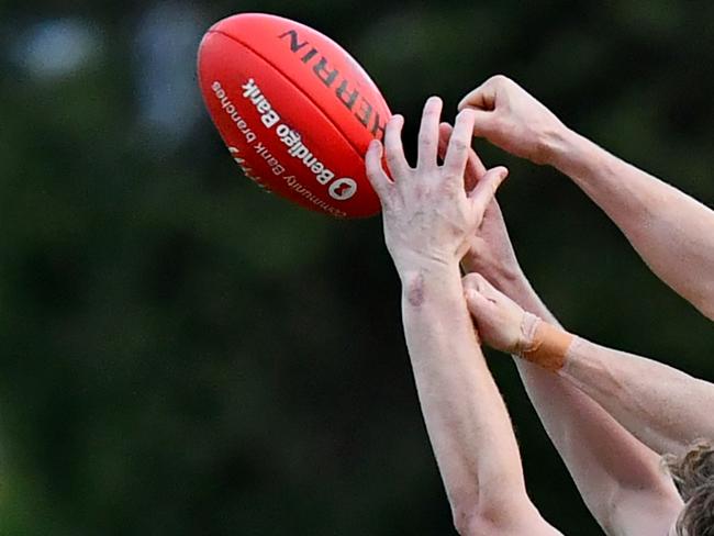 Bailey Syswerda of Woori Yallock spoils a mark during the round ten Outer East Football Netball League Premier Data Premier Division Seniors match between Narre Warren and Woori Yallock at Kalora Park, on June 22, 2024, in Melbourne, Australia. (Photo by Josh Chadwick)