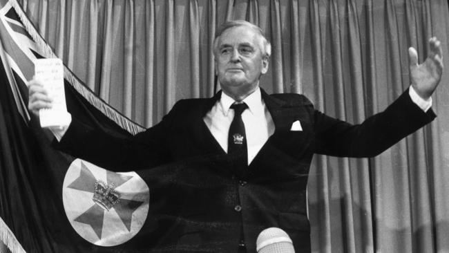 Joh, the icon who towered above Queensland, was humiliatingly forced from office on December, 1, 1987. Above, file photo of Joh announcing his resignation.