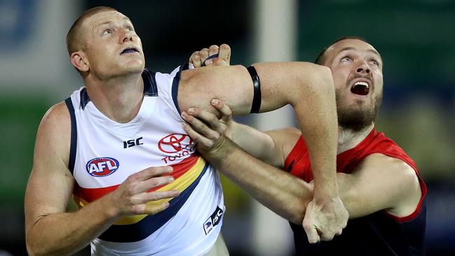 The ruck battle between Sam Jacobs and Max Gawn will be crucial to the game’s outcome. Picture: Getty