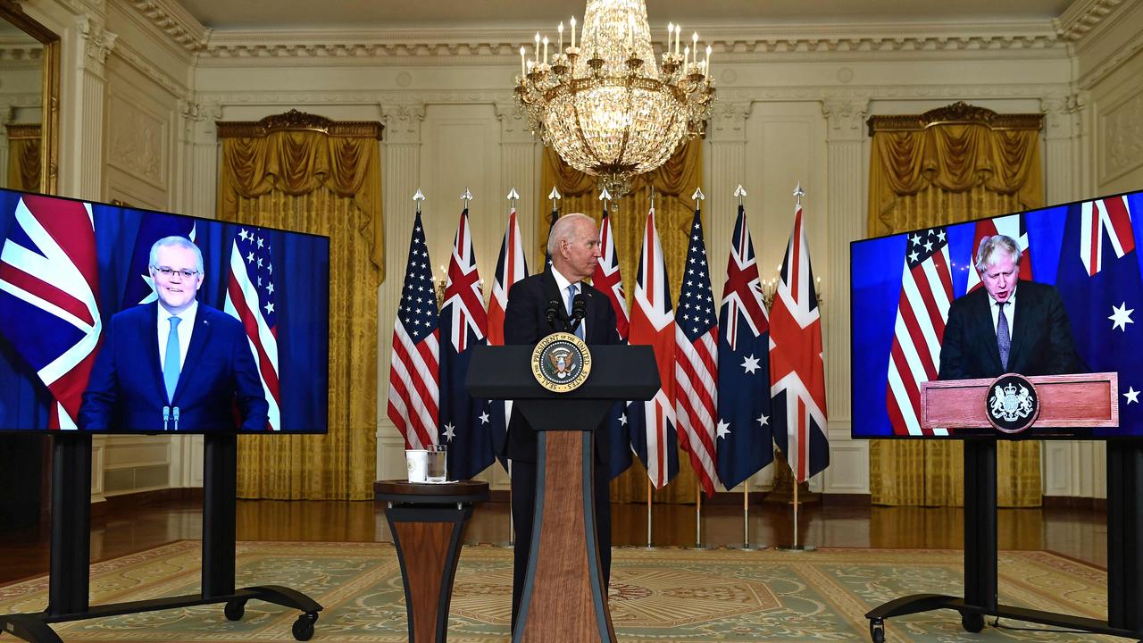 US President Joe Biden speaks on national security with British Prime Minister Boris Johnson and Australian Prime Minister Scott Morrison in East Room of the White House. Picture; AFP