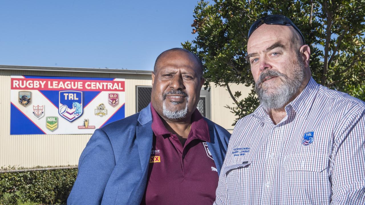 QRL Indigenous Advisory Committee co-chair Eddie Monaei (left) and TRL Chairman Joe Hannant. Toowoomba Rugby League hand down findings from disciplinary tribunal. Friday, August 19, 2022. Picture: Nev Madsen.