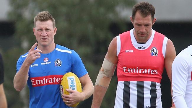 Nathan Buckley running drills. Picture: Hamish Blair