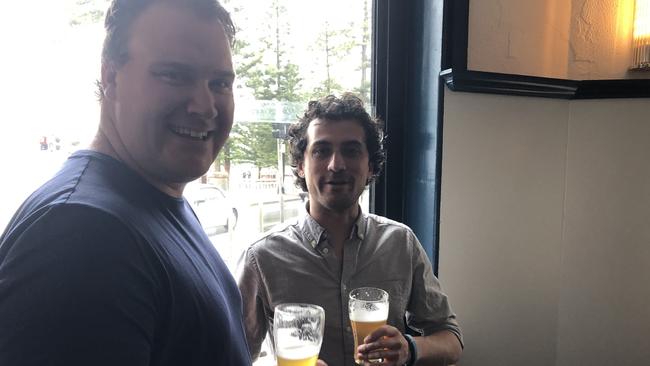 Mates Patrick Holley, of Sylvania and Sebastian Martinez, of Allambie Heights, met for a drink at the Steyne Hotel at Manly. Picture: Jim O'Rourke