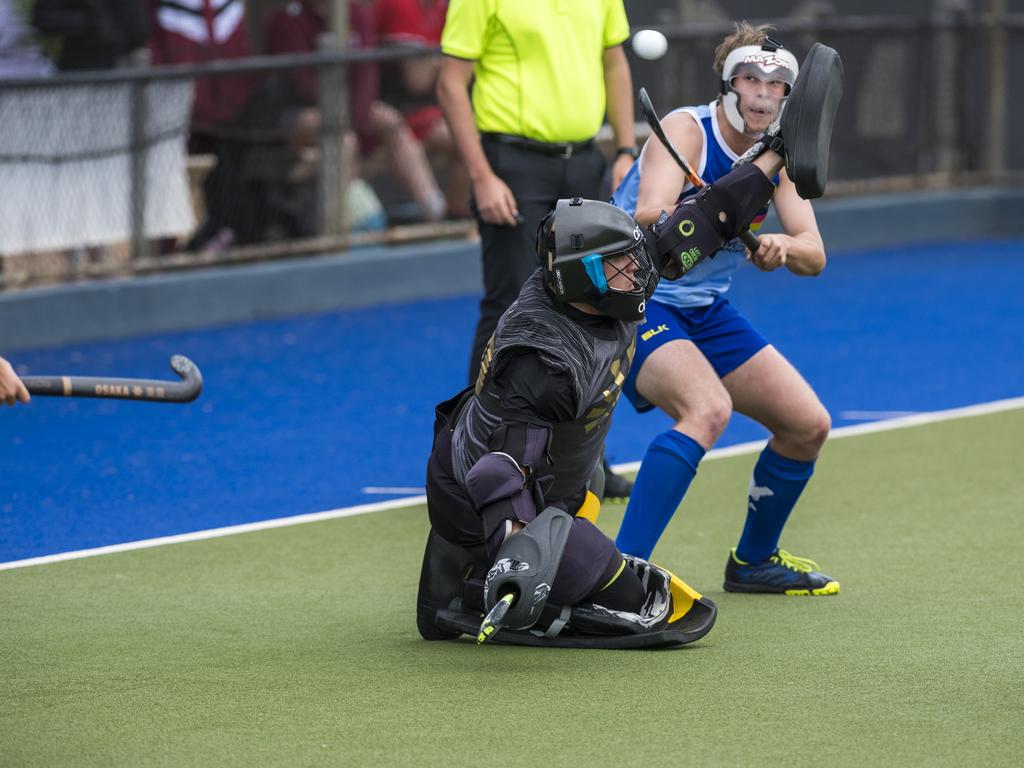 Toowoomba 2 keeper Alex Hilton against Fraser Coast in Hockey Queensland Championships at Clyde Park, Sunday, May 2, 2021. Picture: Kevin Farmer