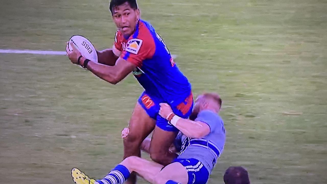 Daniel Saifiti was dragged down by Canterbury’s Luke Thompson in a trial last month.