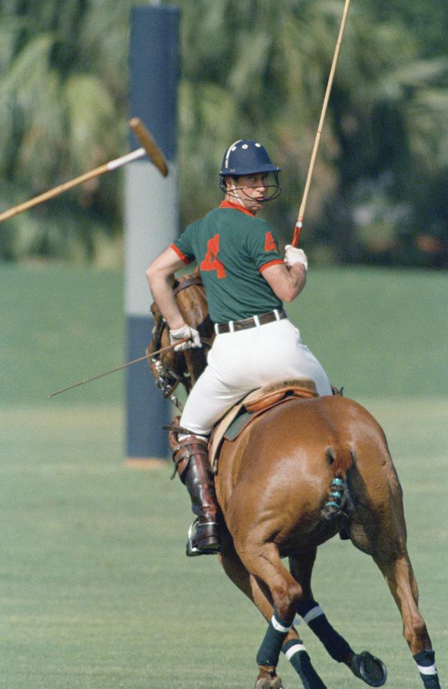 Prince Charles looks over his shoulder as he plays in the first Prince of Wales Cup polo match at the Windsor Polo and Beach Club in Vero Beach, USA in 1969. Picture: AP