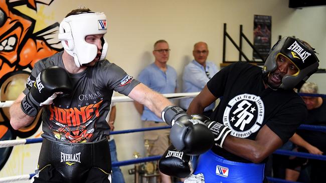 Jeff Horn throws a left at Ray Robinson during their sparring session on Tuesday.