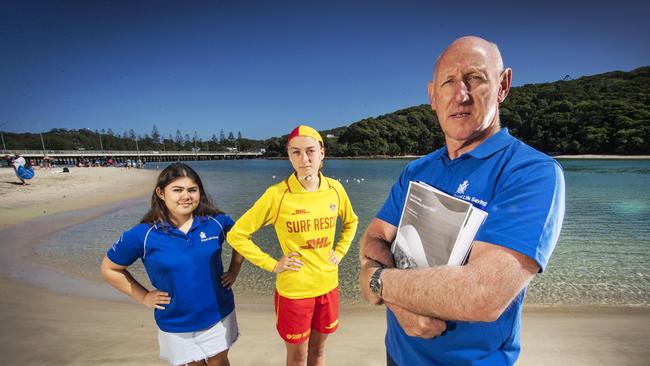 Amelia Rees (Neptune Royal LSC), Belinda Macpherson (Tallebudgera SLSC) and Clive Newman (Neptune Royal LSC). Picture: NIGEL HALLETT