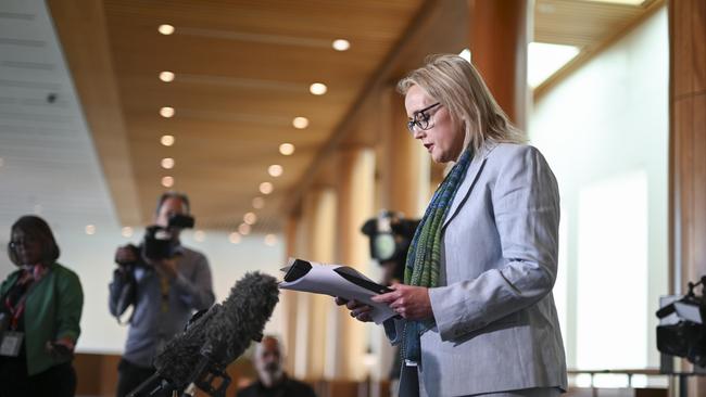 Richard Marles' chief of staff, Jo Tarnawsky holds a press conference at Parliament House. Picture: NewsWire / Martin Ollman