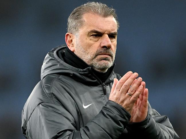 BIRMINGHAM, ENGLAND - FEBRUARY 09: Ange Postecoglou, Manager of Tottenham Hotspur, applauds the fans at the end of the Emirates FA Cup Fourth Round match between Aston Villa and Tottenham Hotspur at Villa Park on February 09, 2025 in Birmingham, England. (Photo by Shaun Botterill/Getty Images)