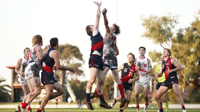 Coburg’ Liam Podhajski and the Bullants’ Finnbar Maley contest the ruck. Picture: Daniel Pockett/AFL Photos/via Getty Images