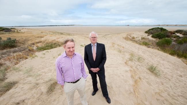 Richard Beasley with Murray-Darling Basin Royal Commissioner Bret Walker at the Murray mouth. Picture: LEON MEAD PHOTOGRAPHY